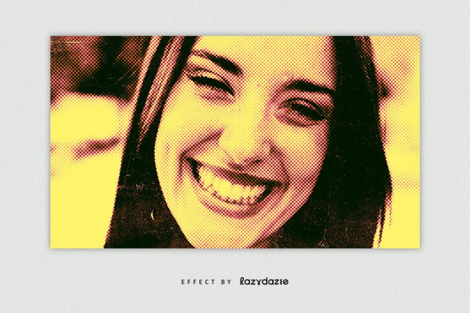 Halftone effect face portrait with yellow, green, magenta color scheme