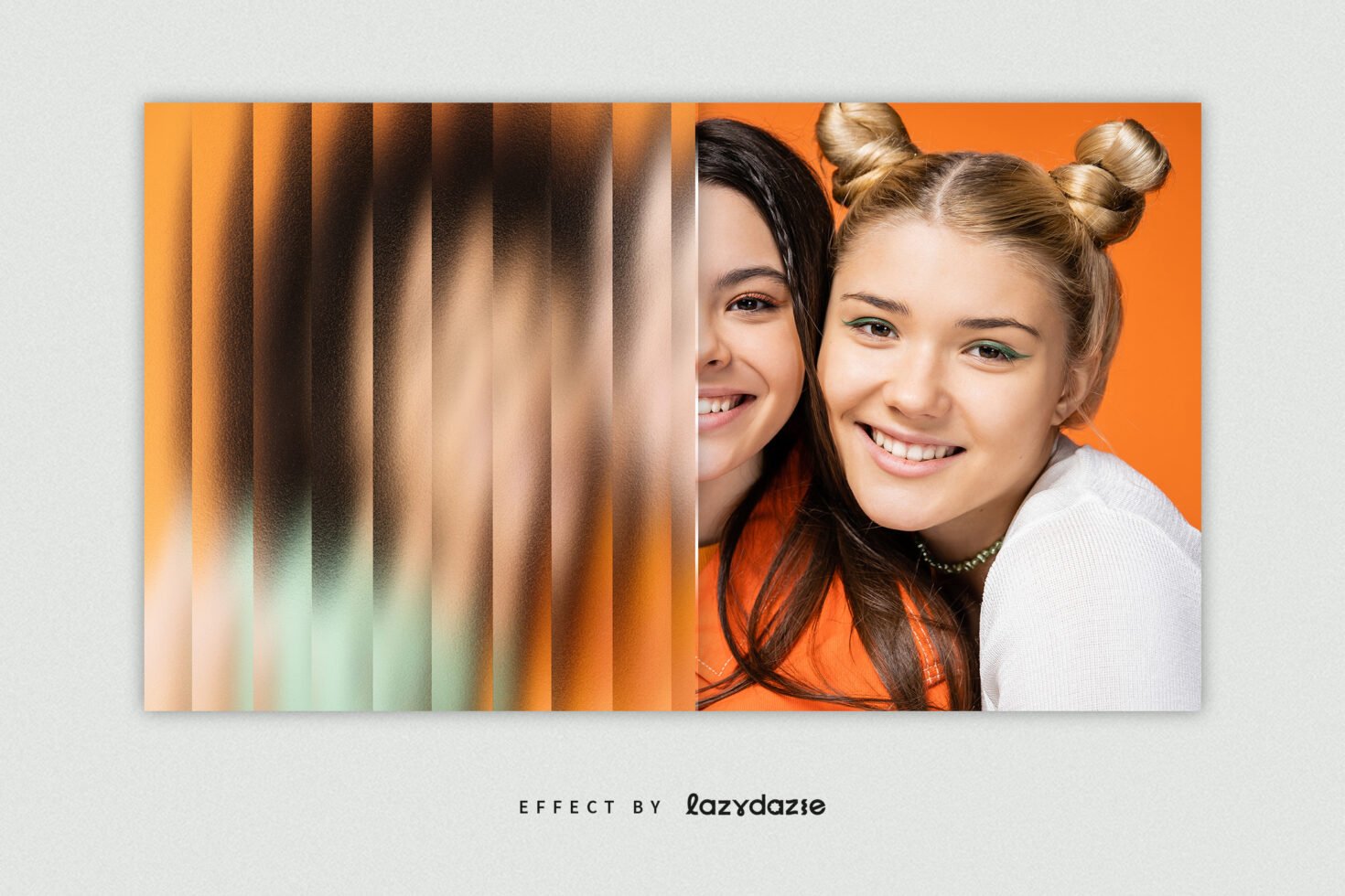 Split image effect showing two smiling young women on orange background. Digital graphics suitable for templates or mockups for designers.