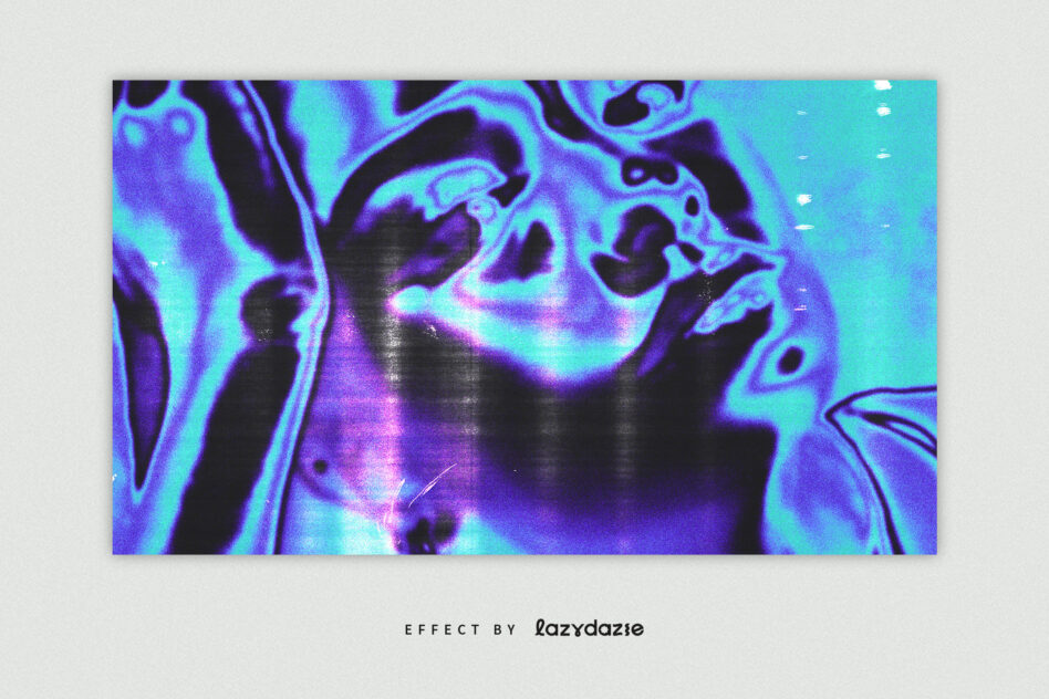 Neon purple cyan glitch effect on distorted sculptural faces
