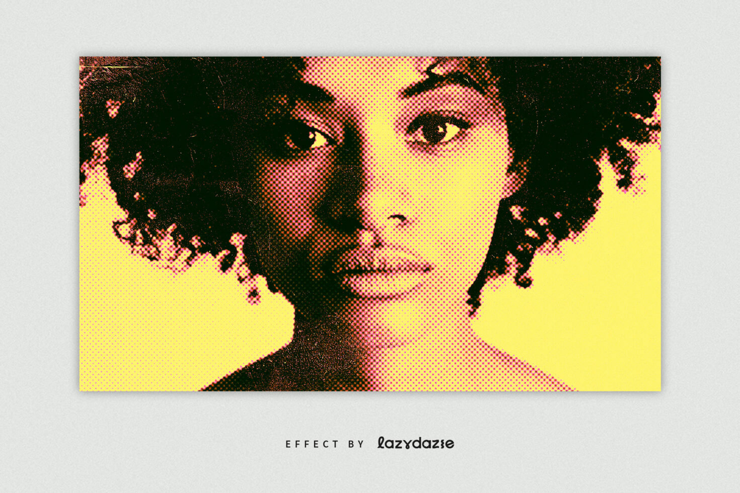 Retro halftone portrait effect, African descent woman, vibrant pop art style image, yellow and black contrast, graphic design, digital art asset.