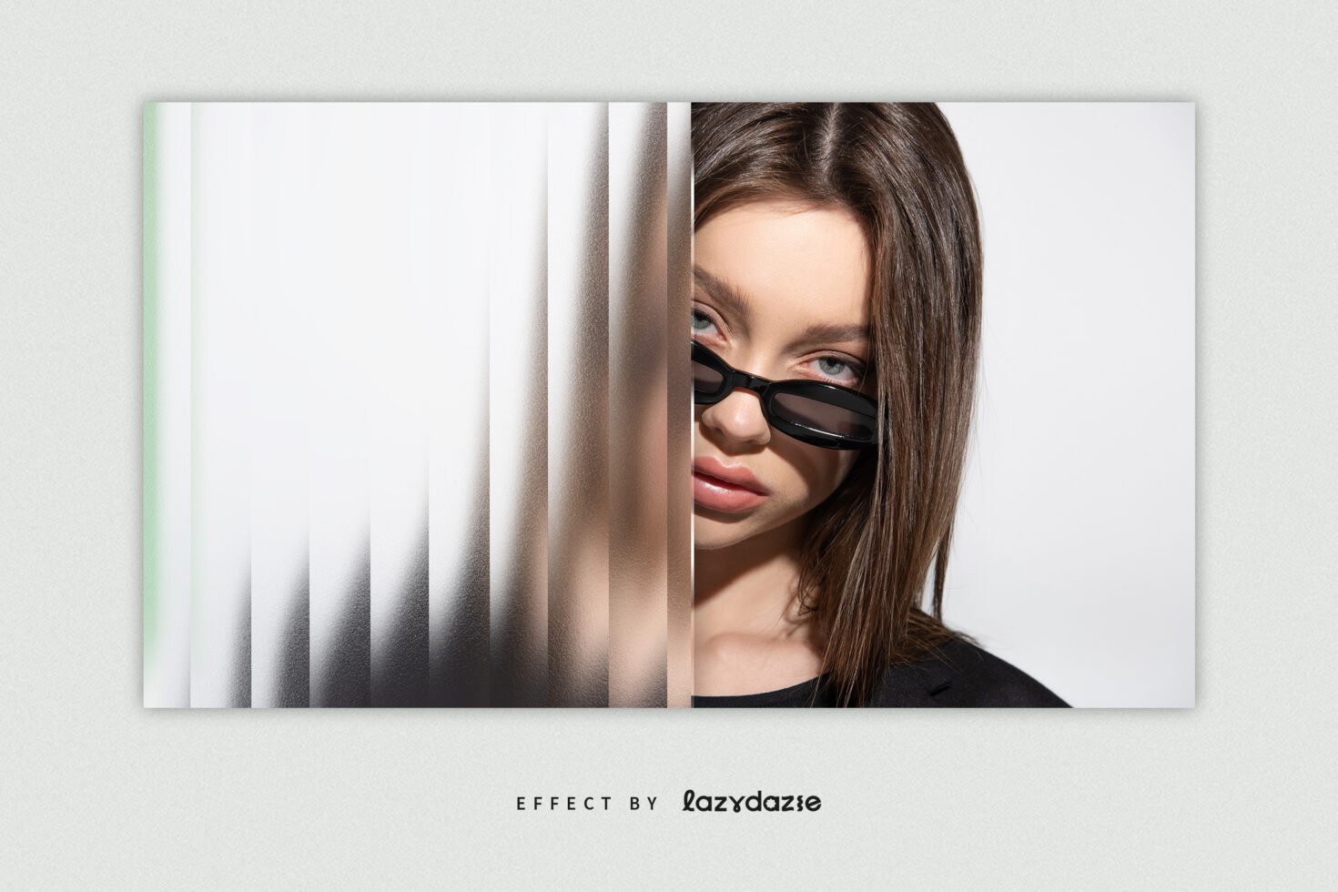 Modern mockup featuring a woman wearing sunglasses, half-obscured by a frosted glass effect. Ideal for designers seeking unique visual templates.