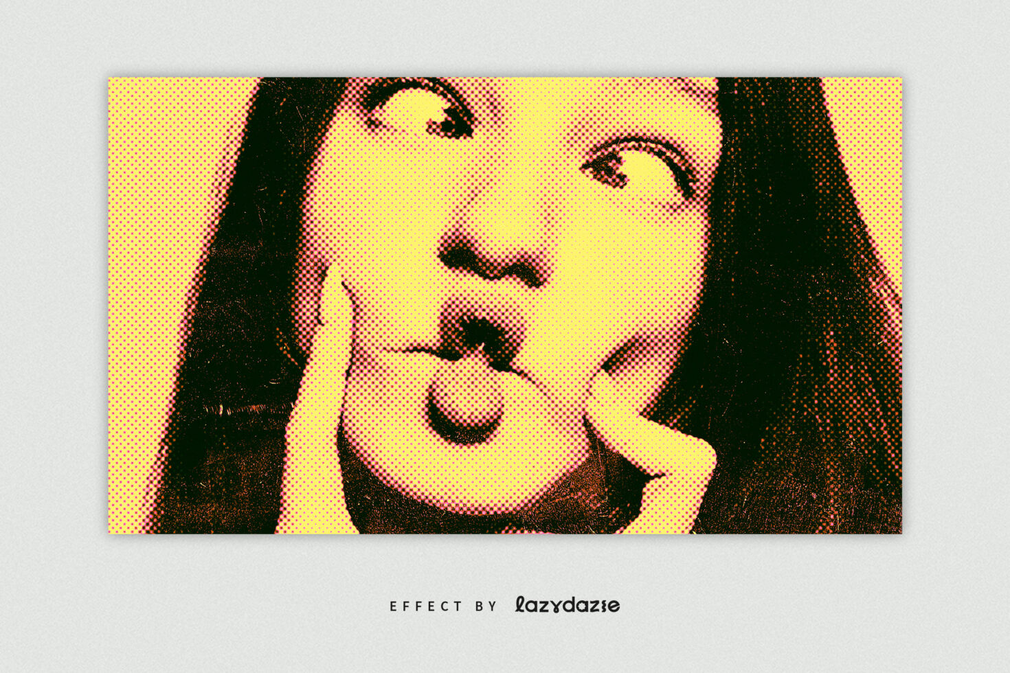 Pop art style halftone image of a person making a fish face. Vibrant yellow and pink hues. Perfect for graphic design, digital art projects, mockup inspiration.