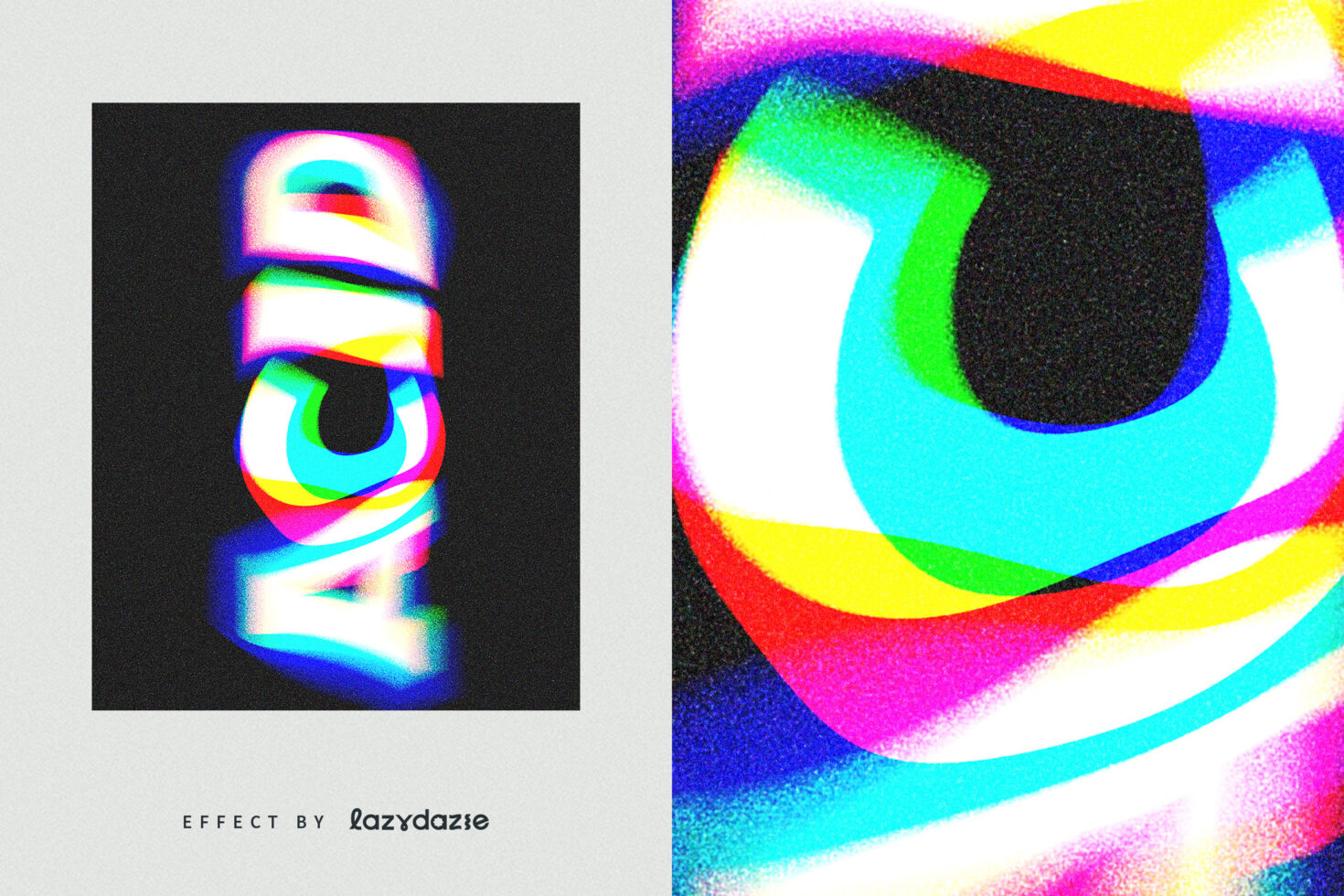 Stacked letter S in neon rainbow with chromatic glow, showing close-up curved detail sections