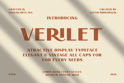 Verulet font family showing regular, outline, bold weights in rust red