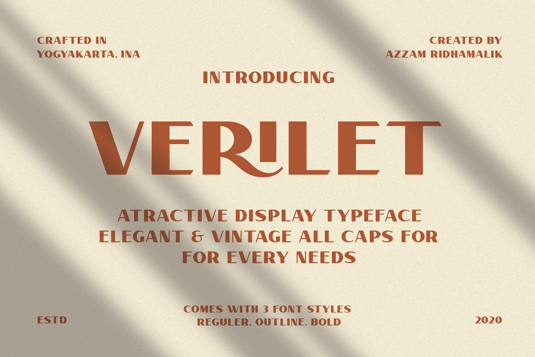 Elegant display font Verilet from Yogyakarta. Vintage all caps typeface with 3 styles: Regular, Outline, Bold. Ideal for mockups and templates.