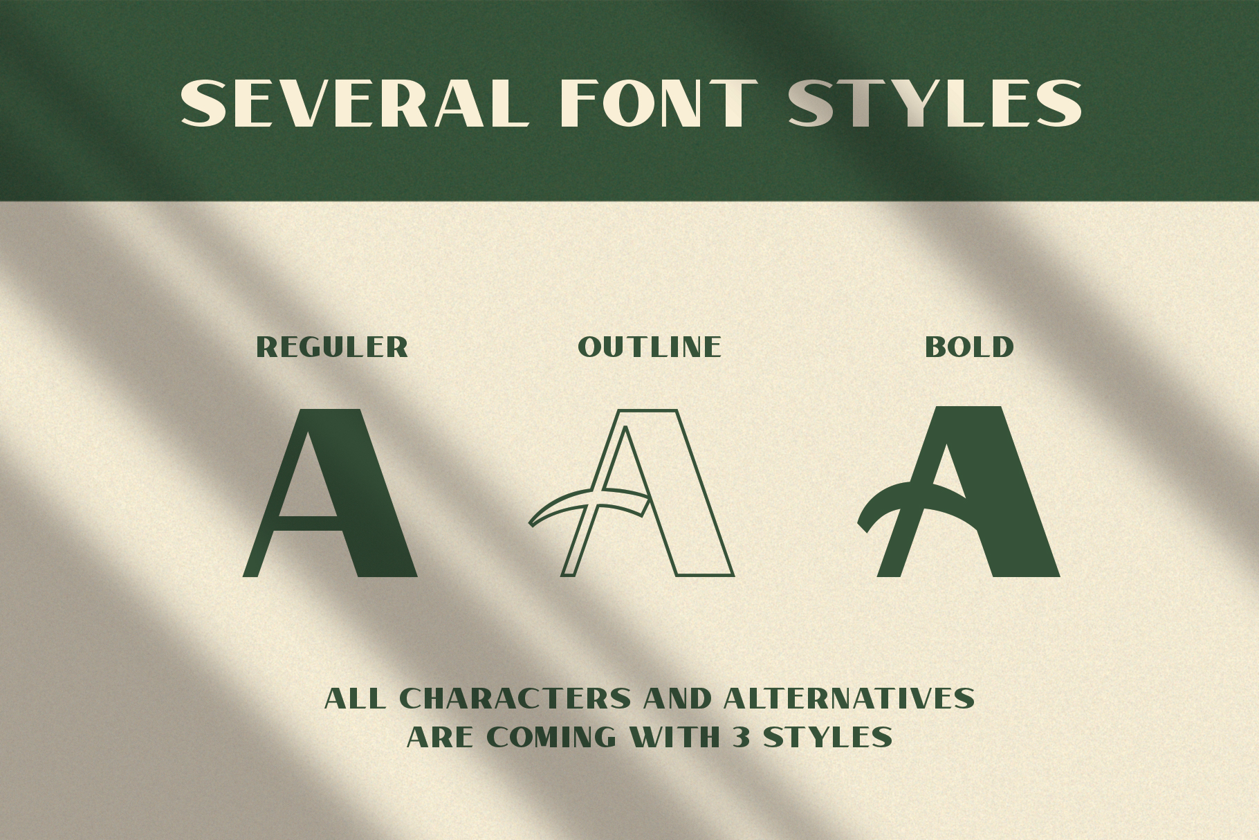 Typography set with three font styles: regular, outline, bold. Ideal for design projects. Includes all characters and alternatives. Font asset.