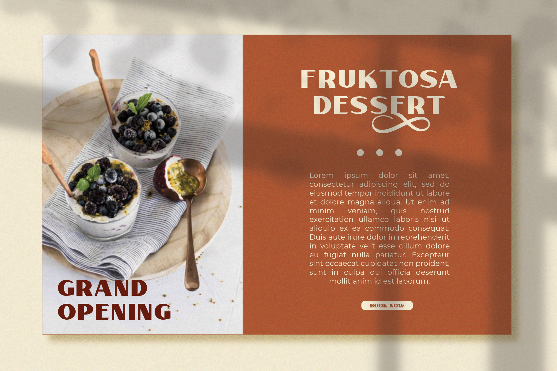 Modern dessert flyer template showcasing Fruktosa Dessert grand opening. Includes appetizing parfait image and stylish design, ideal for food mockups.