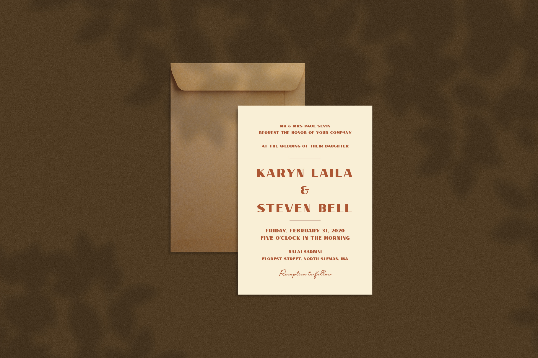 Wedding invitation template with elegant typography on a cream card and matching envelope against a brown textured background ideal for designers.