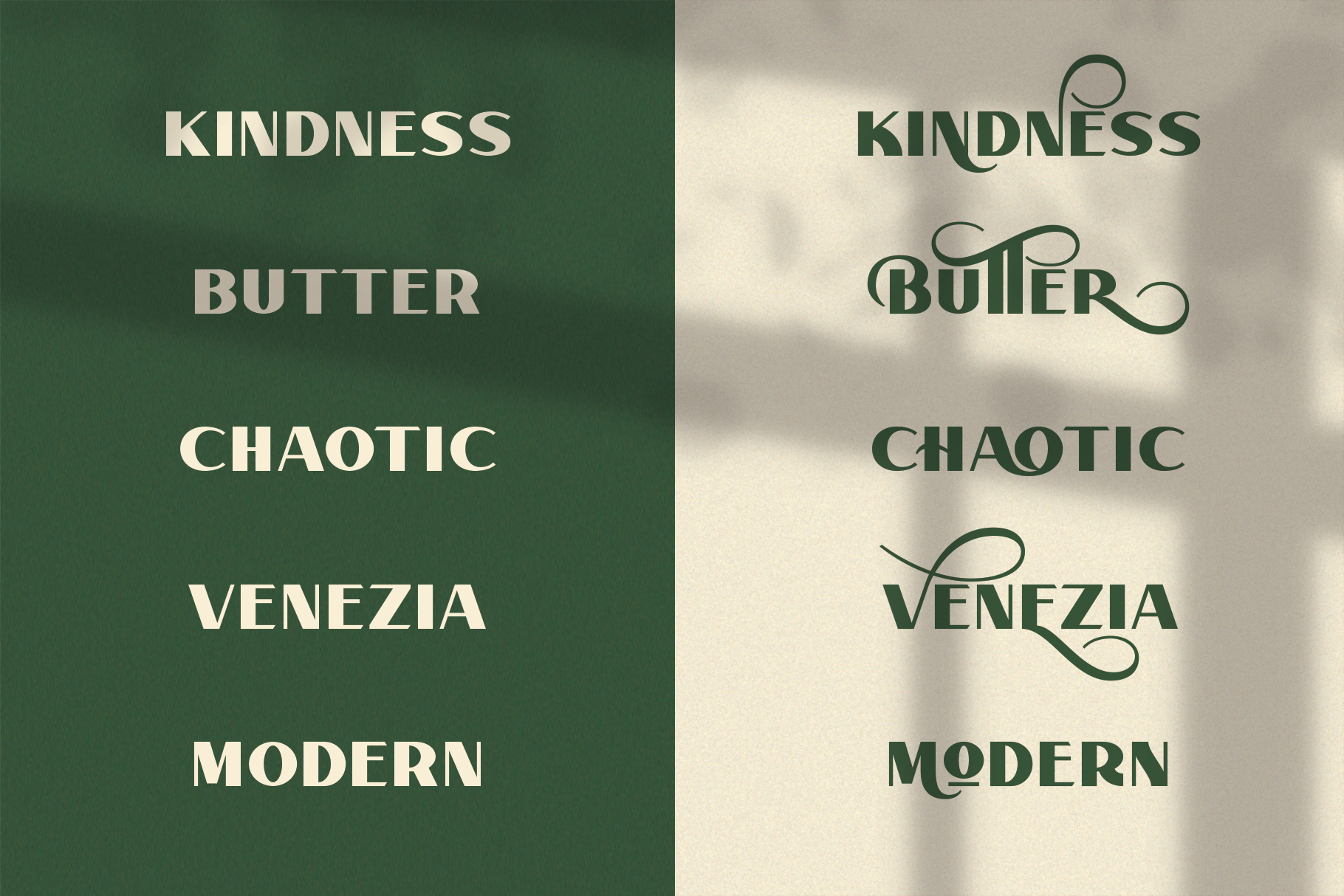 Comparison of modern and decorative serif fonts on a green and beige background showcasing text styles for design templates and typography assets.