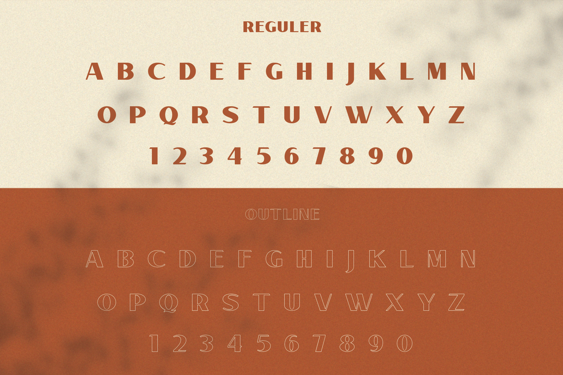Bold serif font display featuring regular and outline styles with alphabets and numbers. Ideal for designers seeking unique typography assets.