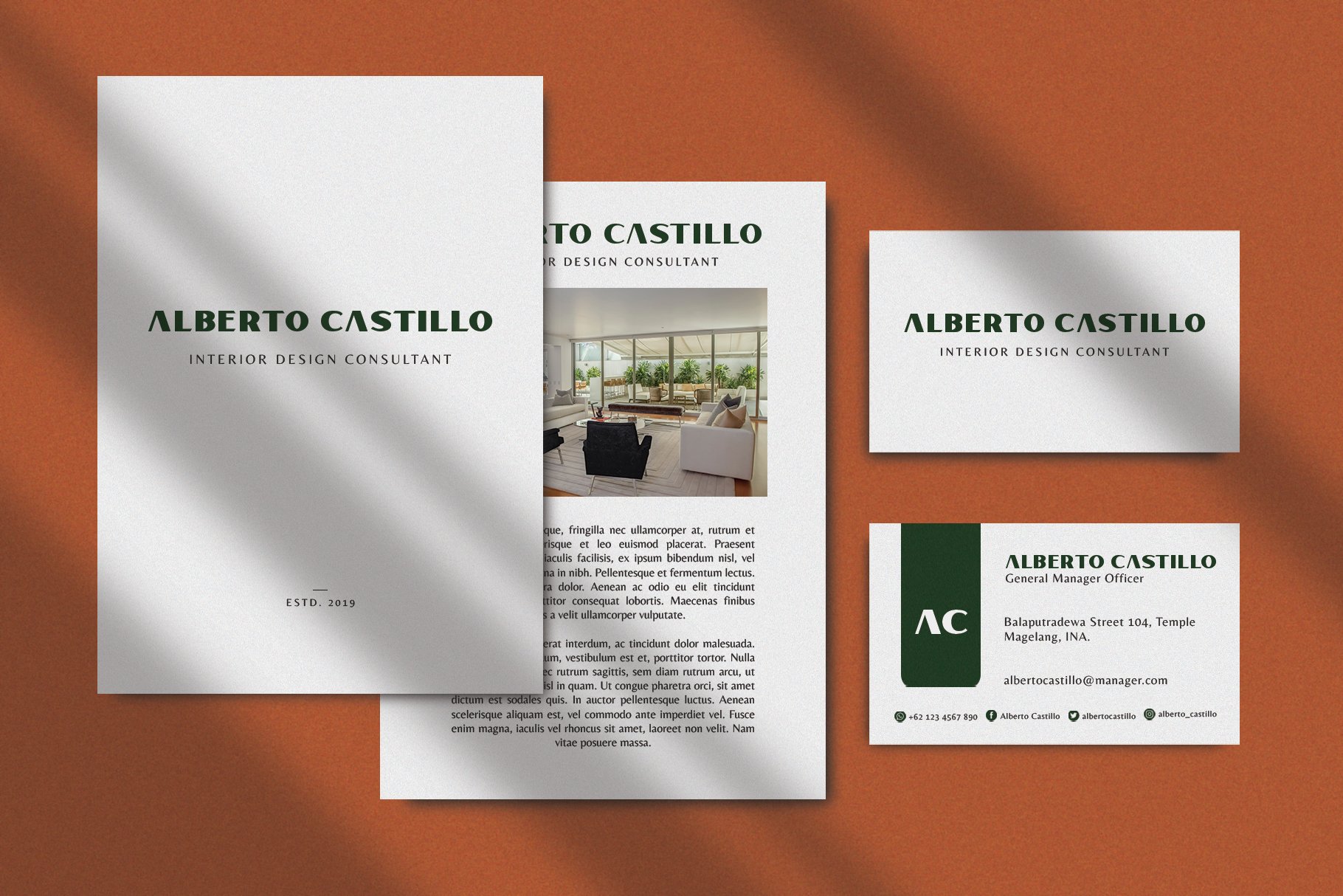Elegant stationery mockup for interior design consultant featuring business cards and letterhead on a warm background. Ideal for designers and branding.