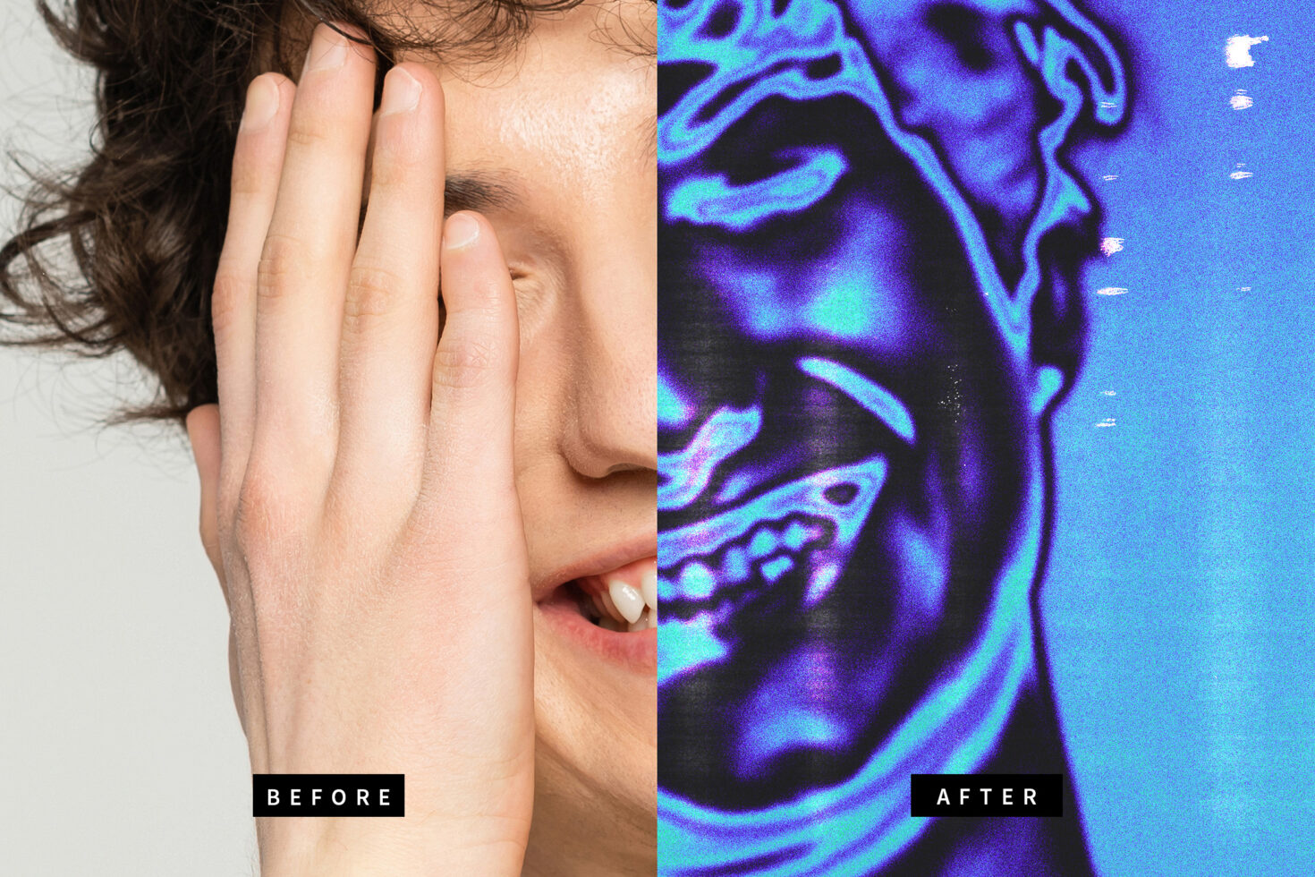 Split image of a person with half photo-realistic and half vibrant digital glitch effect. Ideal for designers seeking creative graphic mockups.