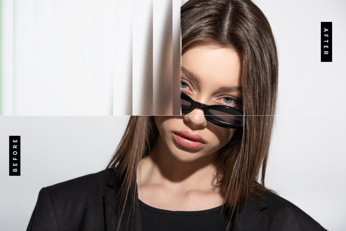 Fashion image editing mockup featuring a woman with long hair and sunglasses. Before and after split effect. Ideal for designers and graphic projects.