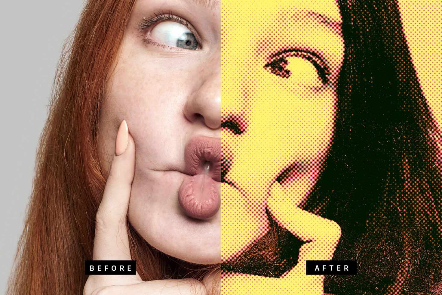 Photo effect mockup showing a before and after pop art transformation. Ideal for designers needing graphics or templates for creative projects.