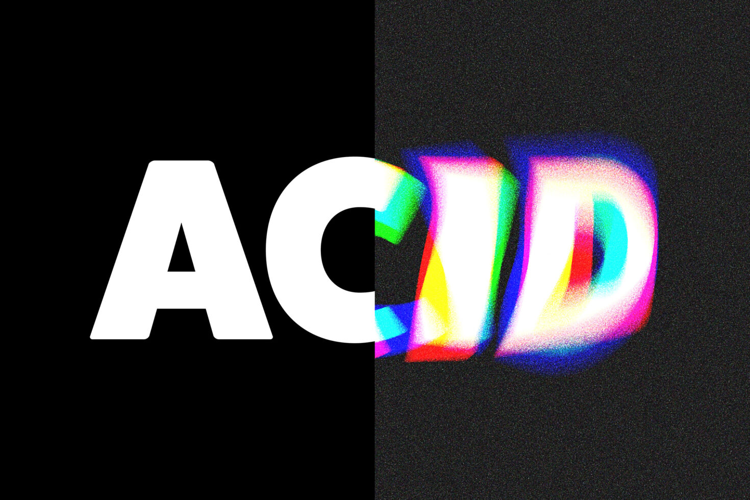 Acid effect with white letter A fading into colorful neon-glowing letters on dark backdrop