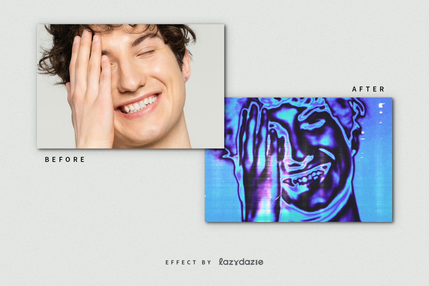 Before and after effect on a smiling person transformed with a digital thermal filter suitable for graphics and design projects.