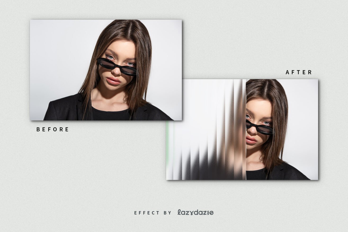 Before and after portrait photo effect template showcasing creative visual transformation for designers, highlighting unique editing style.