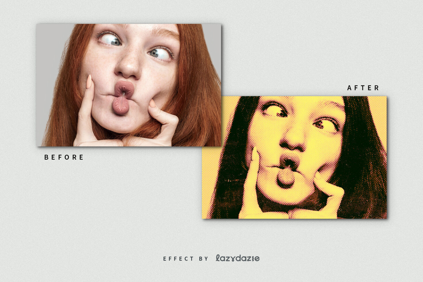 Before-and-after pop art image effect mockup showcasing photo transformation with colorful halftone style. Ideal for designers seeking artistic effects.