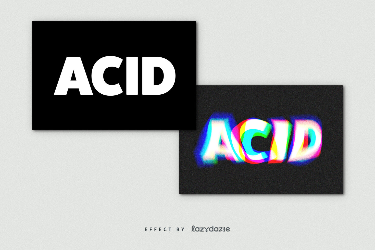 Acid text effect showing clean white letters contrasting vibrant neon rainbow glow version