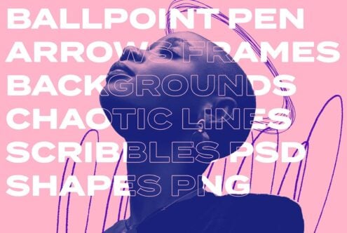 Abstract graphic composition with bold text layers ballpoint pen arrows frames backgrounds chaotic lines scribbles PSD shapes PNG over a styled portrait.