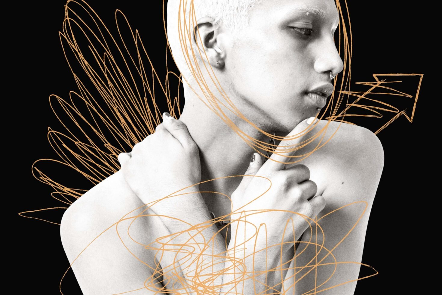 Contemporary art portrait with abstract gold line doodles over black white profile. Perfect for graphic design, illustration, creativity templates.
