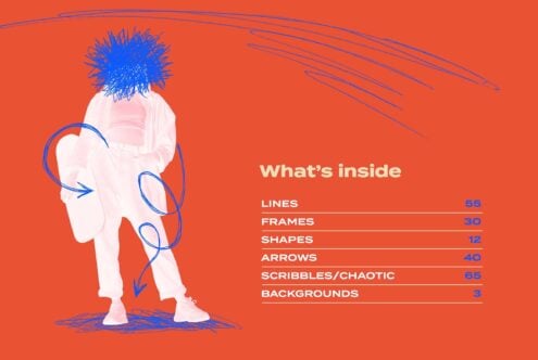 Abstract design assets on a red background featuring chaotic scribbles. Includes items like lines, frames, and arrows. Ideal for creative graphics.