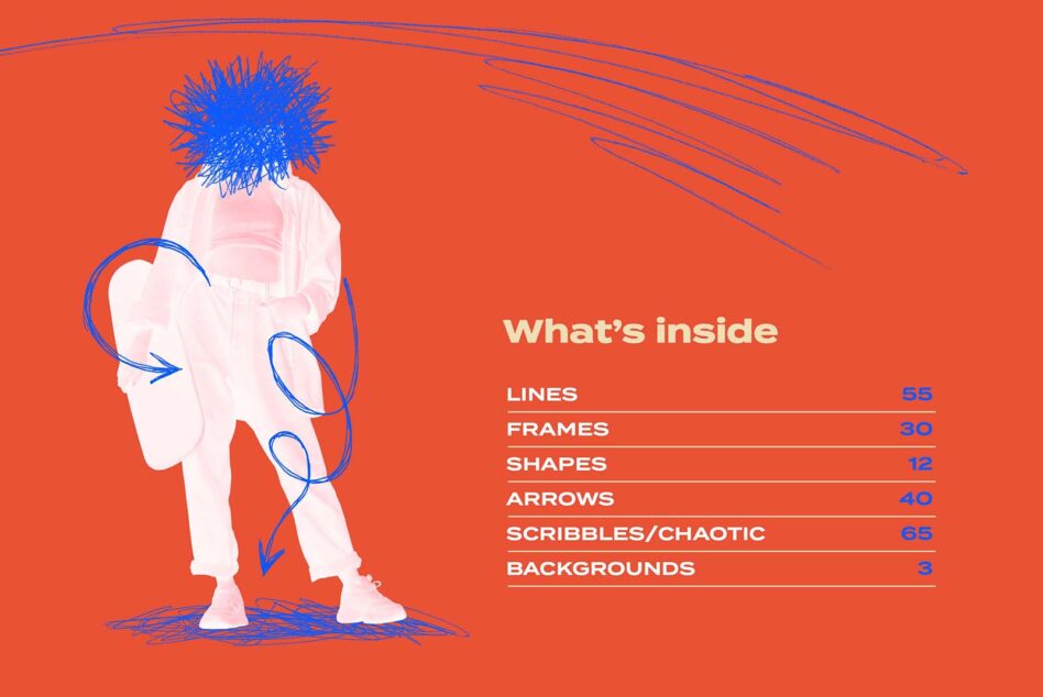 Figure with spiky blue hair on orange background showing 65 lines, 30 frames, 12 shapes, 40 arrows, 65 scribbles, 3 backgrounds