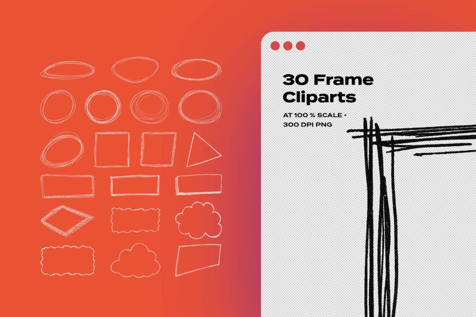 30 hand-drawn frame shapes including circles, rectangles, clouds on red gradient