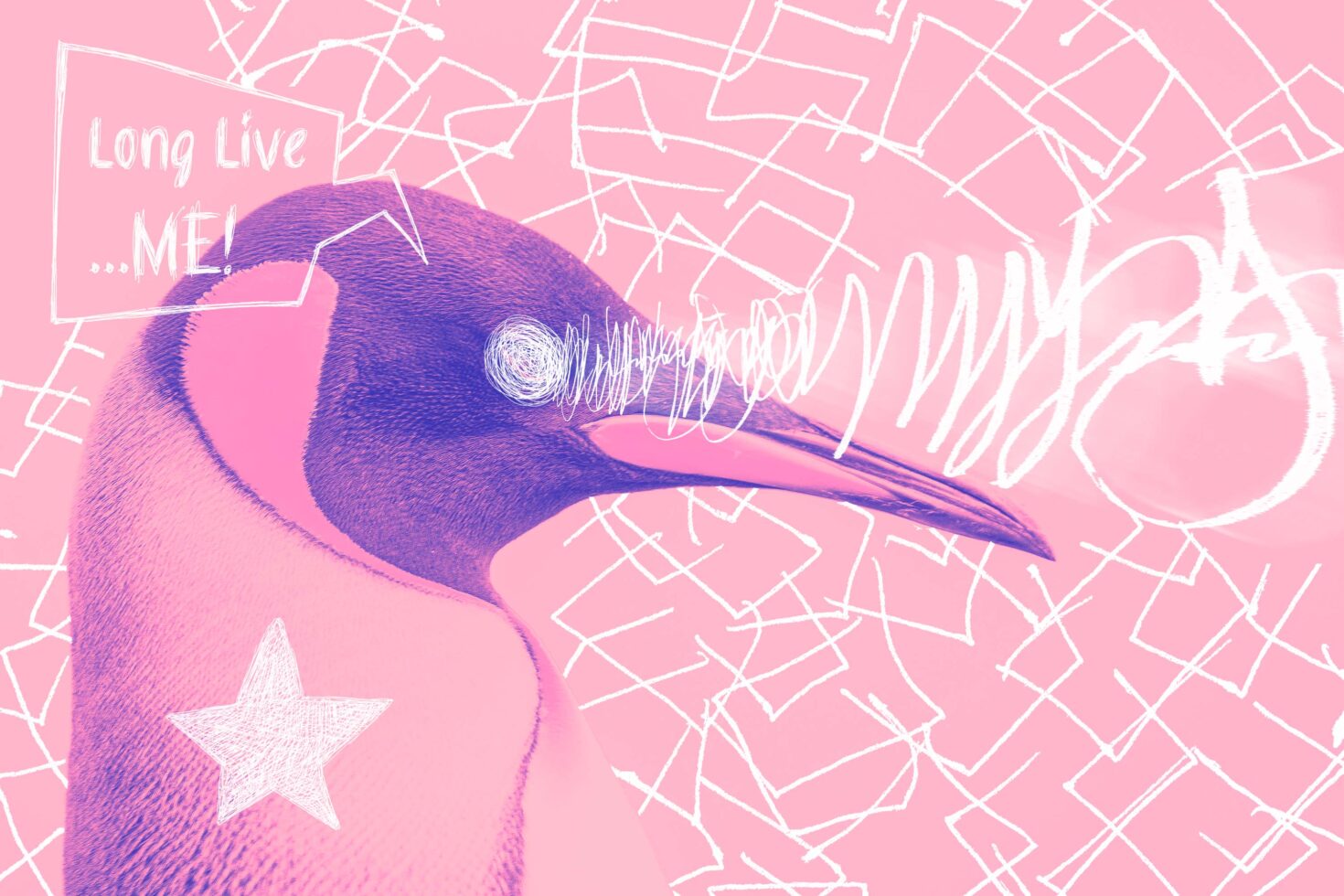 Surreal pink penguin illustration with abstract doodles and speech bubble saying Long Live Me. Perfect for graphics and design inspiration.