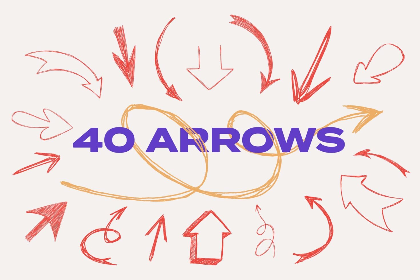 Hand-drawn arrow graphics set with 40 unique designs for creative projects templates mockups digital assets vector illustration sketch style red orange arrows