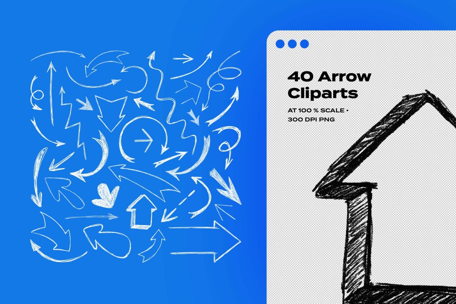 Arrow clipart pack offering 40 hand-drawn designs at 100 percent scale in 300 DPI PNG format suitable for graphics and template designers.