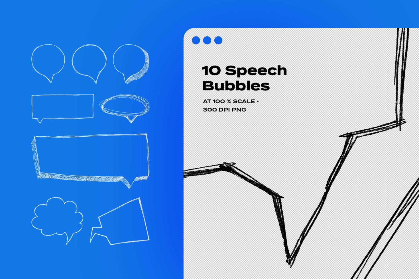 Hand-drawn speech bubbles set on blue background for graphic designers. Includes various shapes available in 300 DPI PNG format. Perfect for templates.