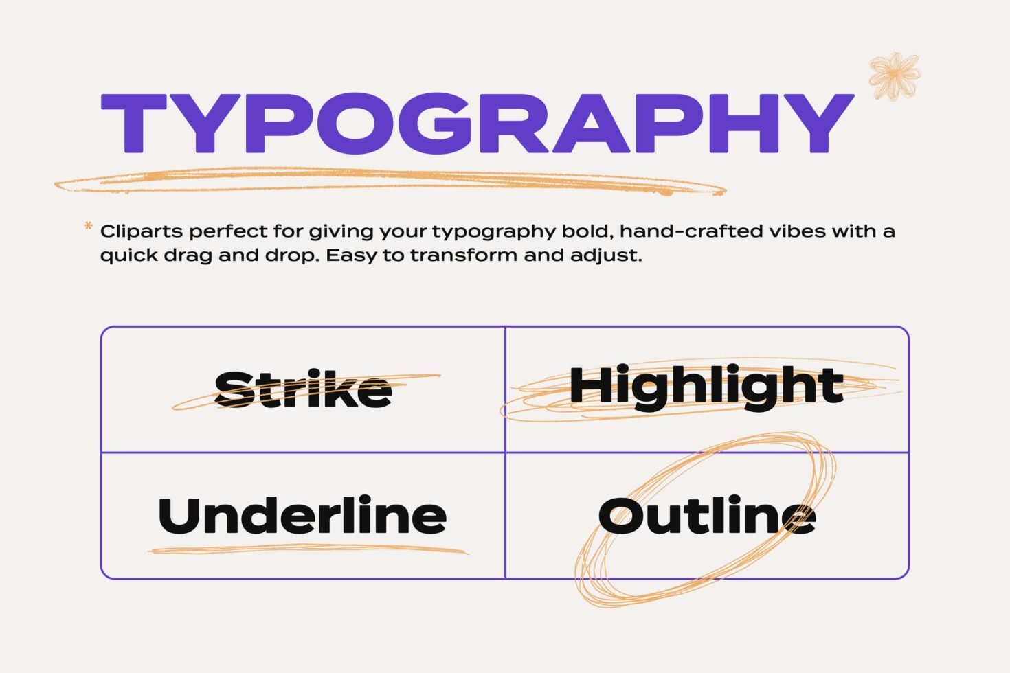 Typography cliparts for designers; strike, highlight, underline, outline styles; bold hand-crafted mockups; editable templates for creative projects.