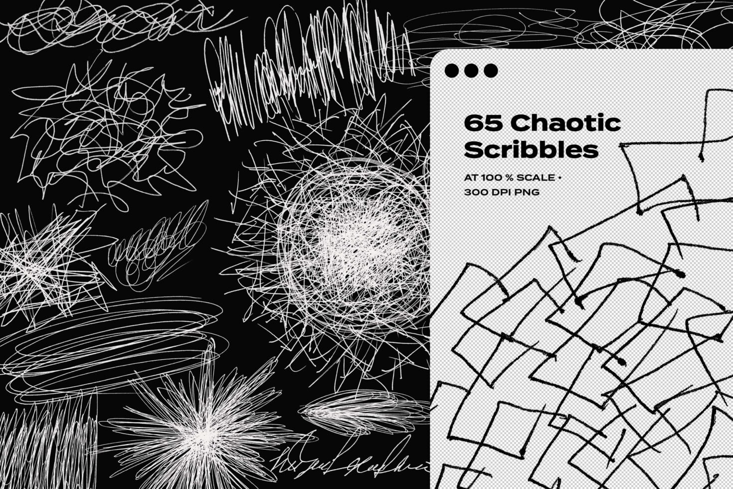 65 chaotic scribbles set on black background digital assets for designers high resolution 300 DPI PNG suitable for graphics and templates creation