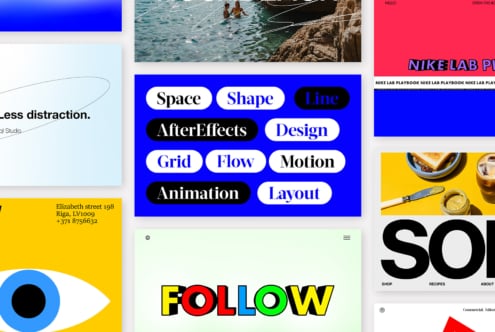 Collage of graphic design elements for designers showcasing mockups, typography, and layout keywords: space, shape, animation, flow, AfterEffects.