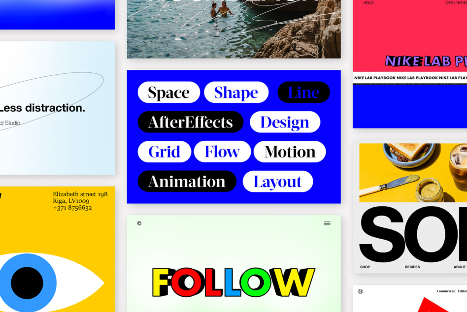 Collage of graphic design elements for designers showcasing mockups, typography, and layout keywords: space, shape, animation, flow, AfterEffects.