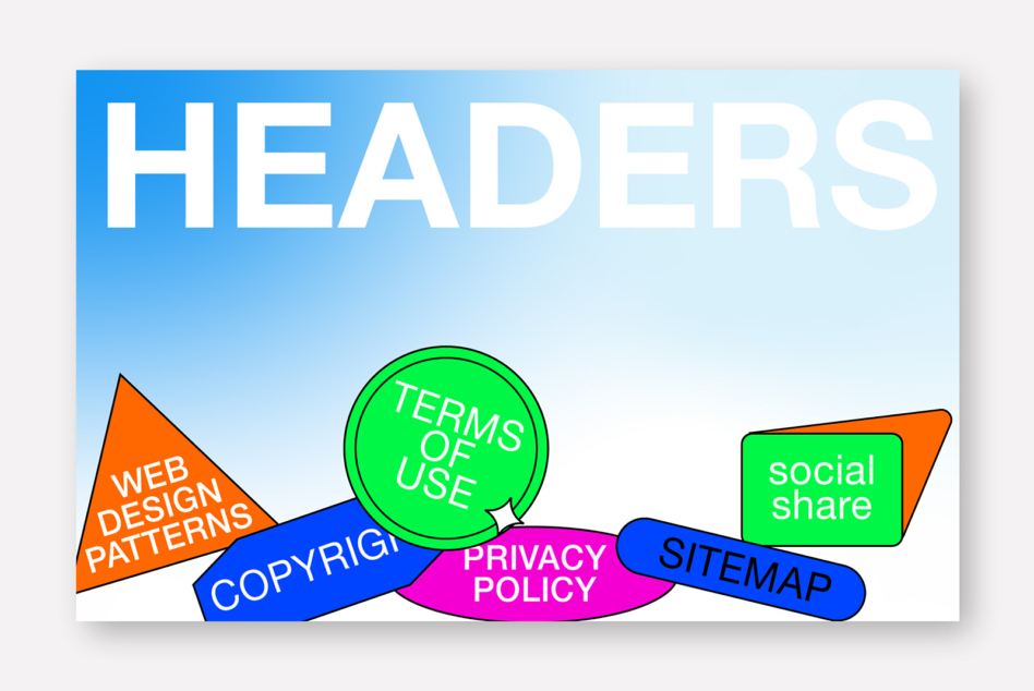 Vibrant blue header with colorful geometric shapes containing legal terms