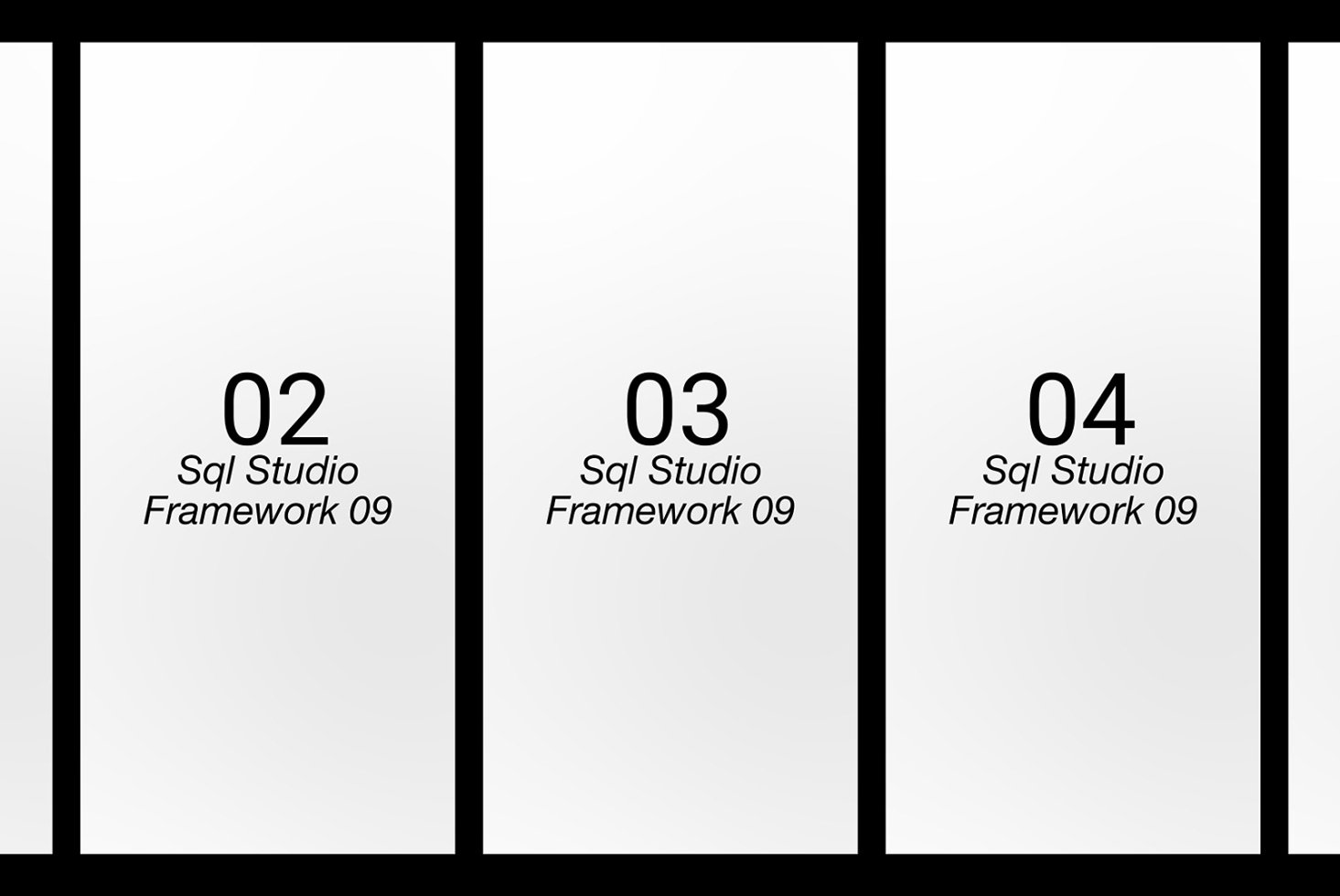Minimalist vertical panels displaying SQL Studio Framework 09 in modern typography suitable for digital design assets templates and graphics resources.