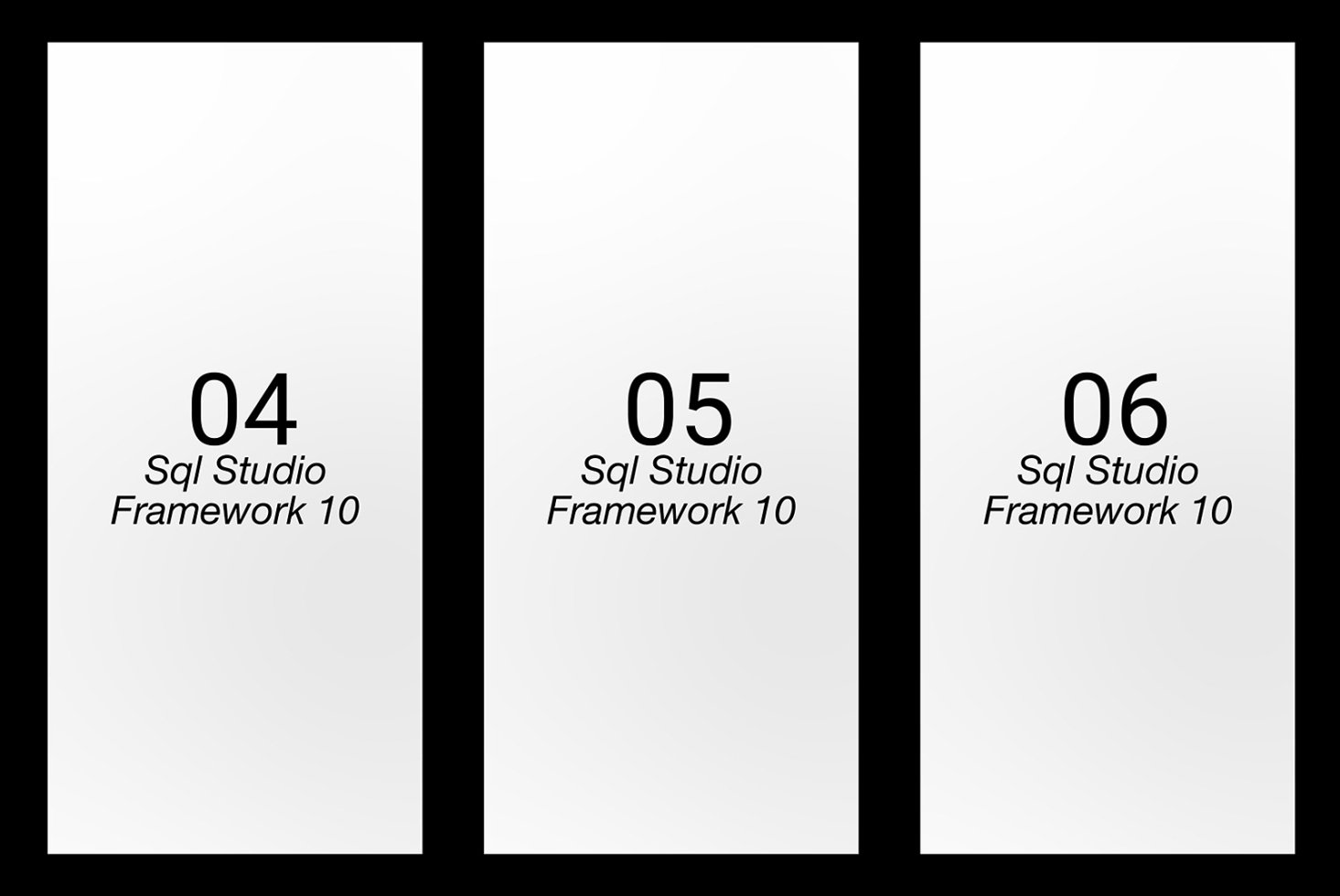 Three vertical panels display numbers 04 05 06, labeled Sql Studio Framework 10. Ideal for designers in mockups, digital templates, and graphics.