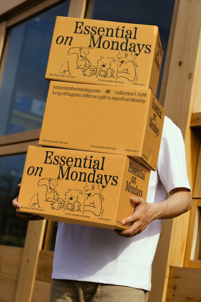 The image shows a person holding cardboard boxes labeled Essential on Mondays, featuring a hand-drawn design. Ideal for packaging mockup templates.