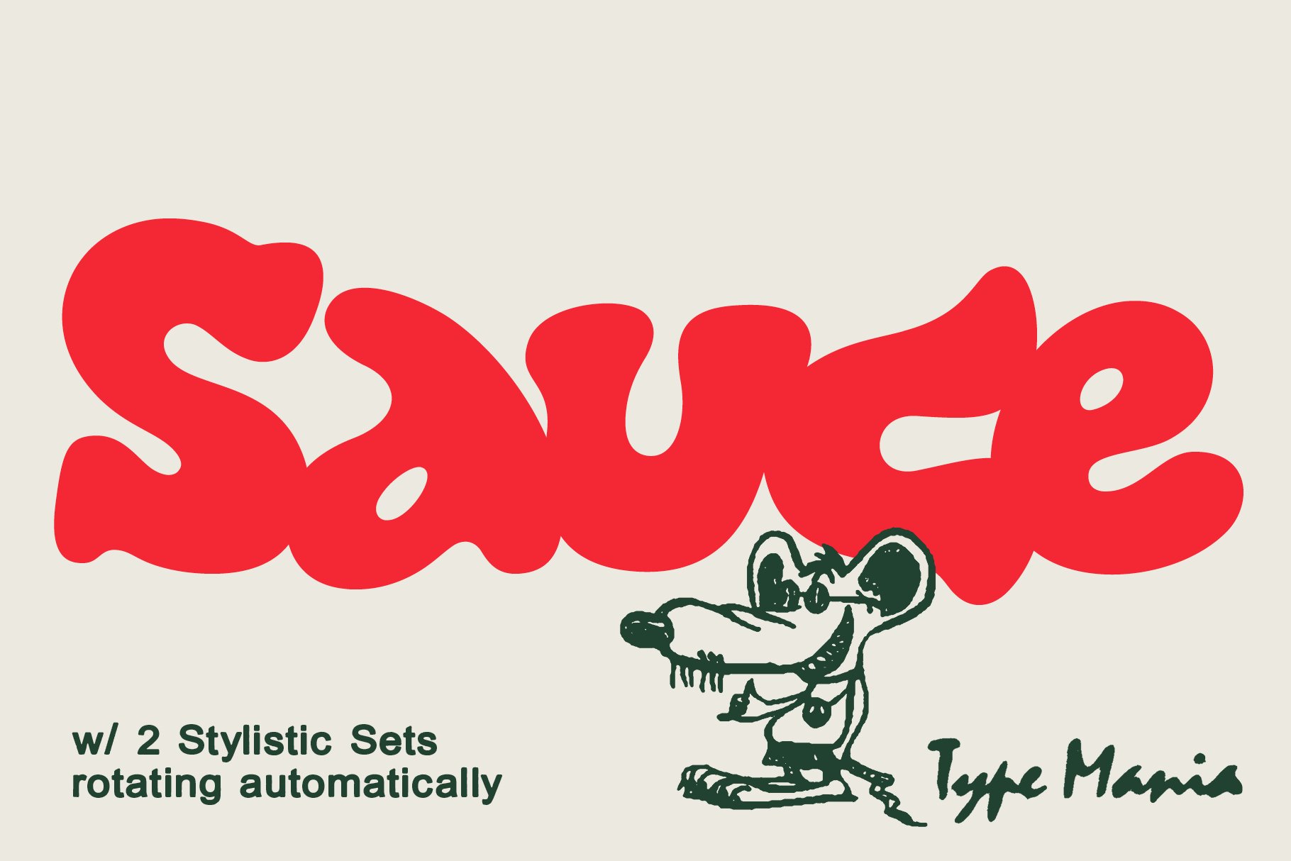 Bold red font spelling Sauce with cartoon character illustration Type Mania stylized text offering two stylistic sets for graphic design fonts