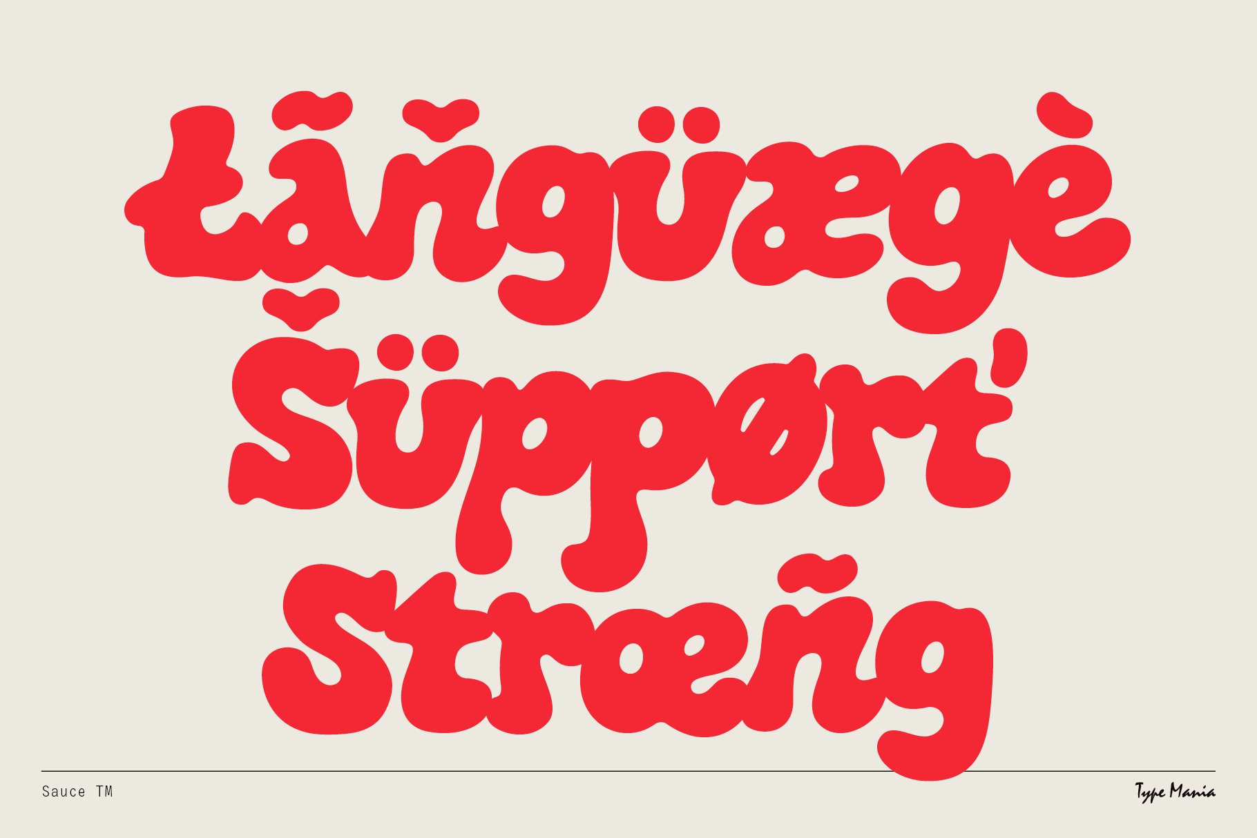 Bold red curved font showcasing strong language support. Ideal for designers seeking unique typography, creative graphics, or eye-catching templates.