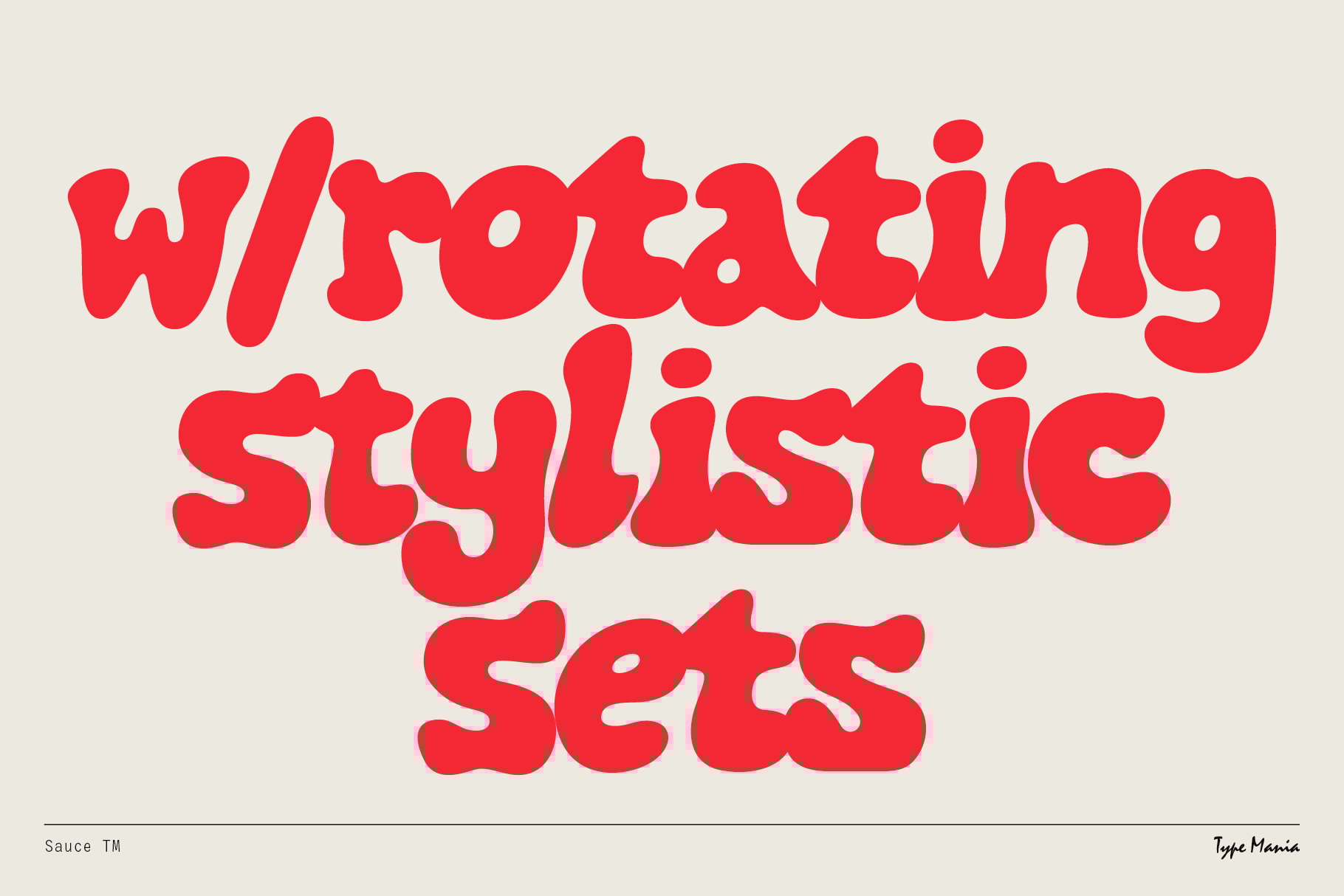 Bold red groovy font showcasing rotating stylistic sets on creamy background. Perfect for graphic designers seeking unique typography assets.