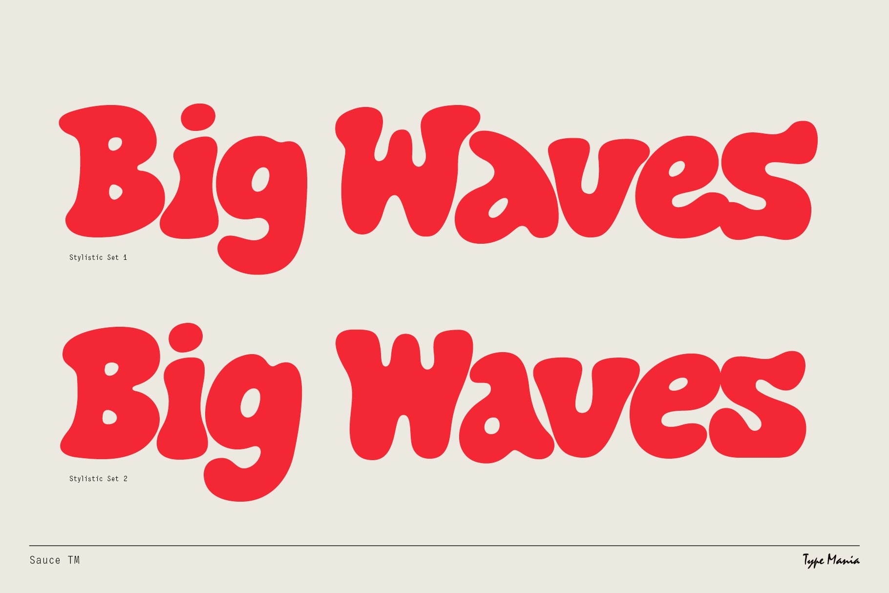 Bold retro font called Big Waves displayed in two stylistic sets. Bright red text on white background. Perfect for graphic design or typography projects.
