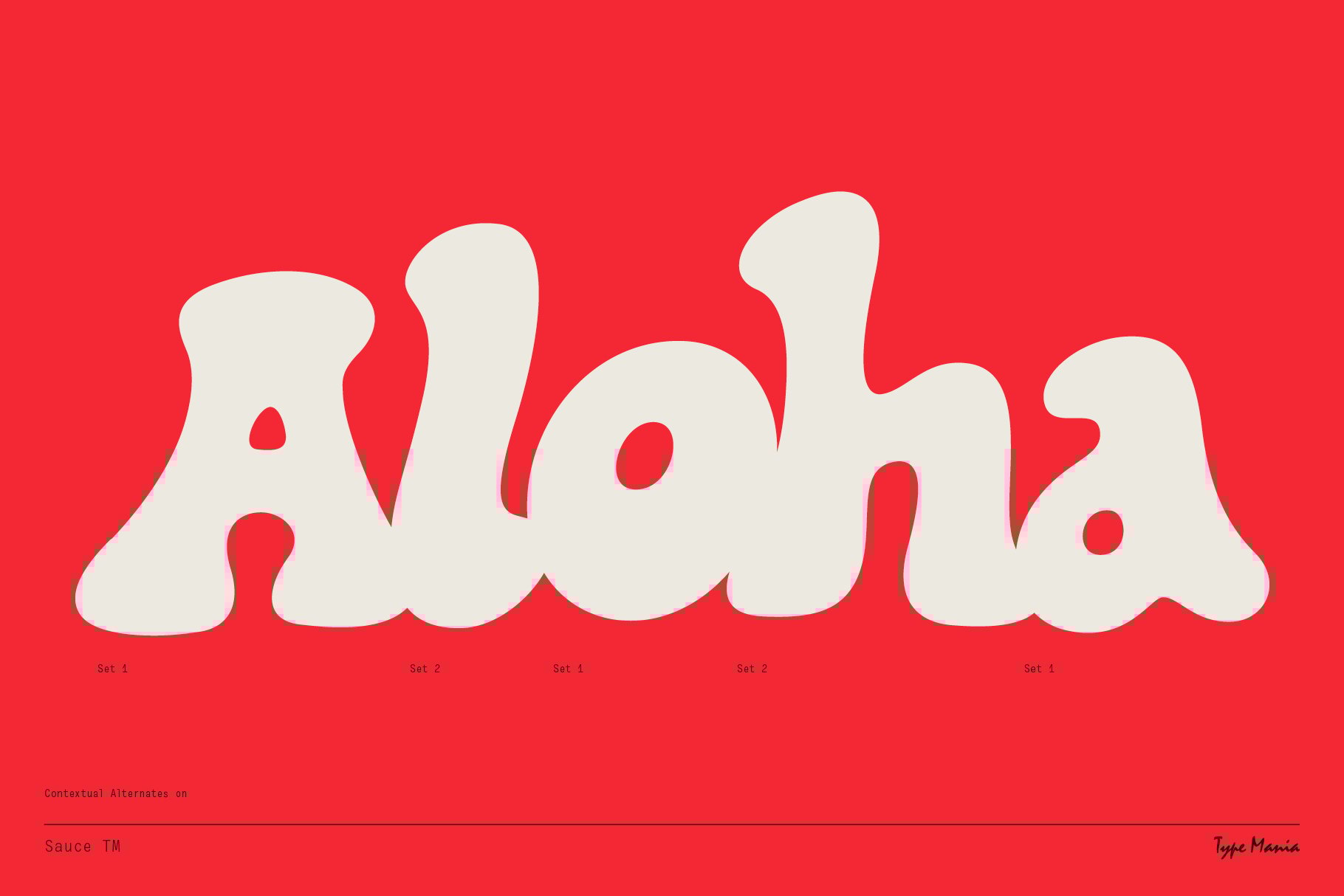 Bold retro font spelling Aloha on red background, ideal for graphic design projects and typography templates. Playful bubbly style for designers.