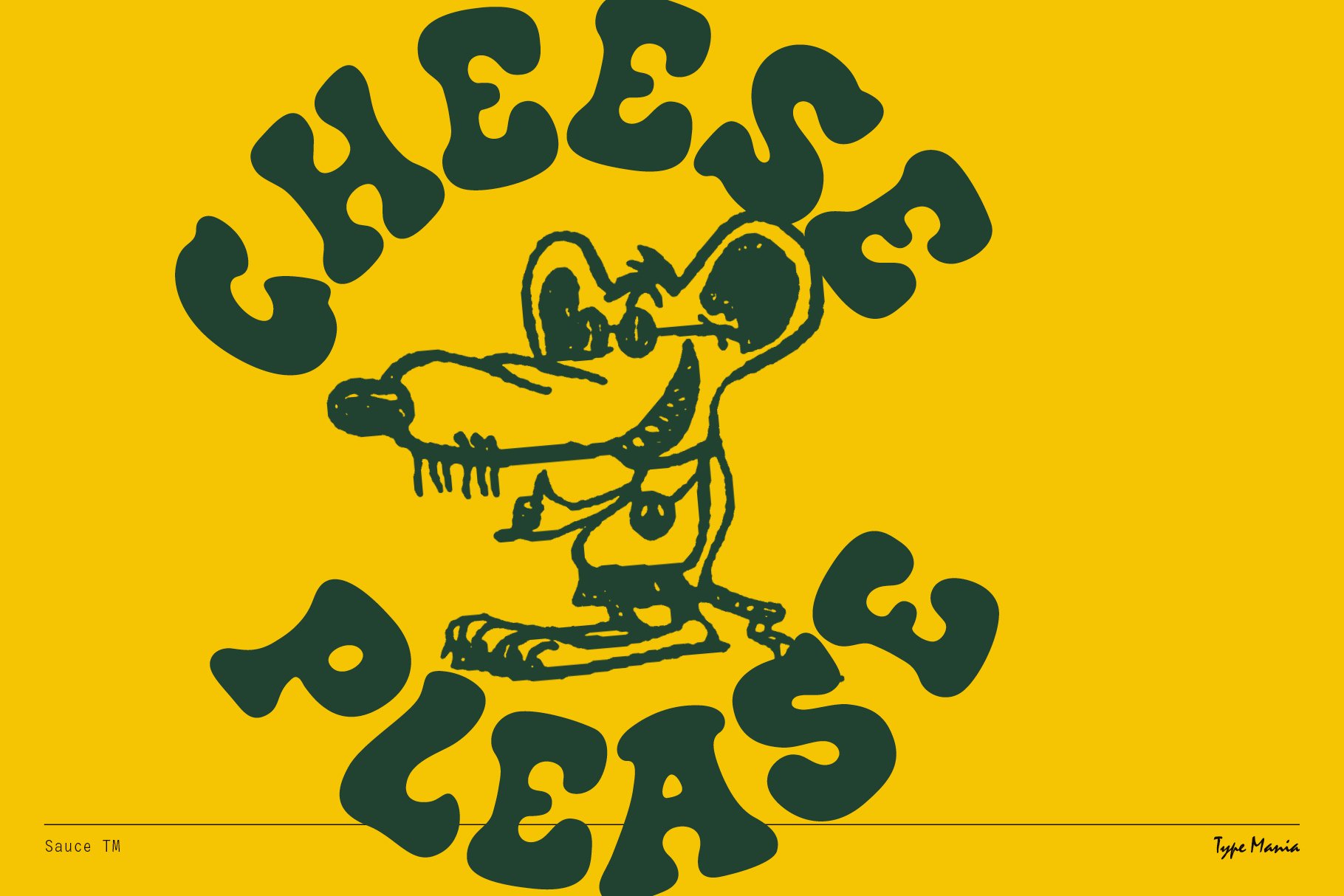Whimsical illustration of a cartoon mouse with playful retro font saying cheese please on a yellow background ideal for graphic design projects.