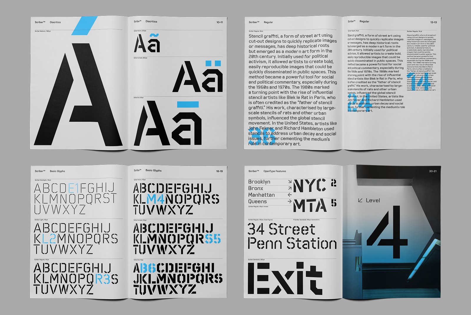 Open magazine displaying bold stencil typeface design. Includes diacritics, basic glyphs, and OpenType features. Ideal for typography enthusiasts.