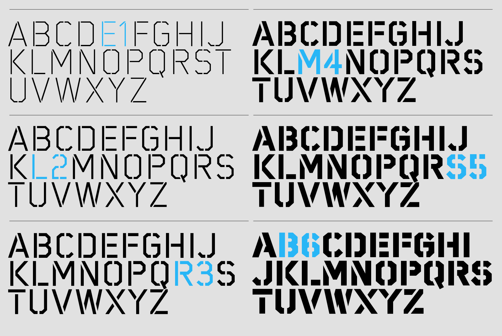 Six modern sans-serif font designs featuring uppercase letters A-Z with numbers in blue. Ideal for graphic designers seeking unique typography assets.
