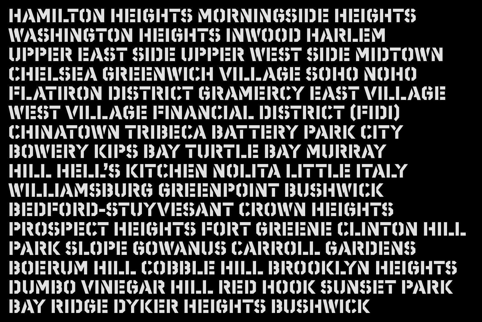 Bold urban text graphic showcasing various New York City neighborhoods in stencil-like font. Ideal for designers seeking typography inspiration.