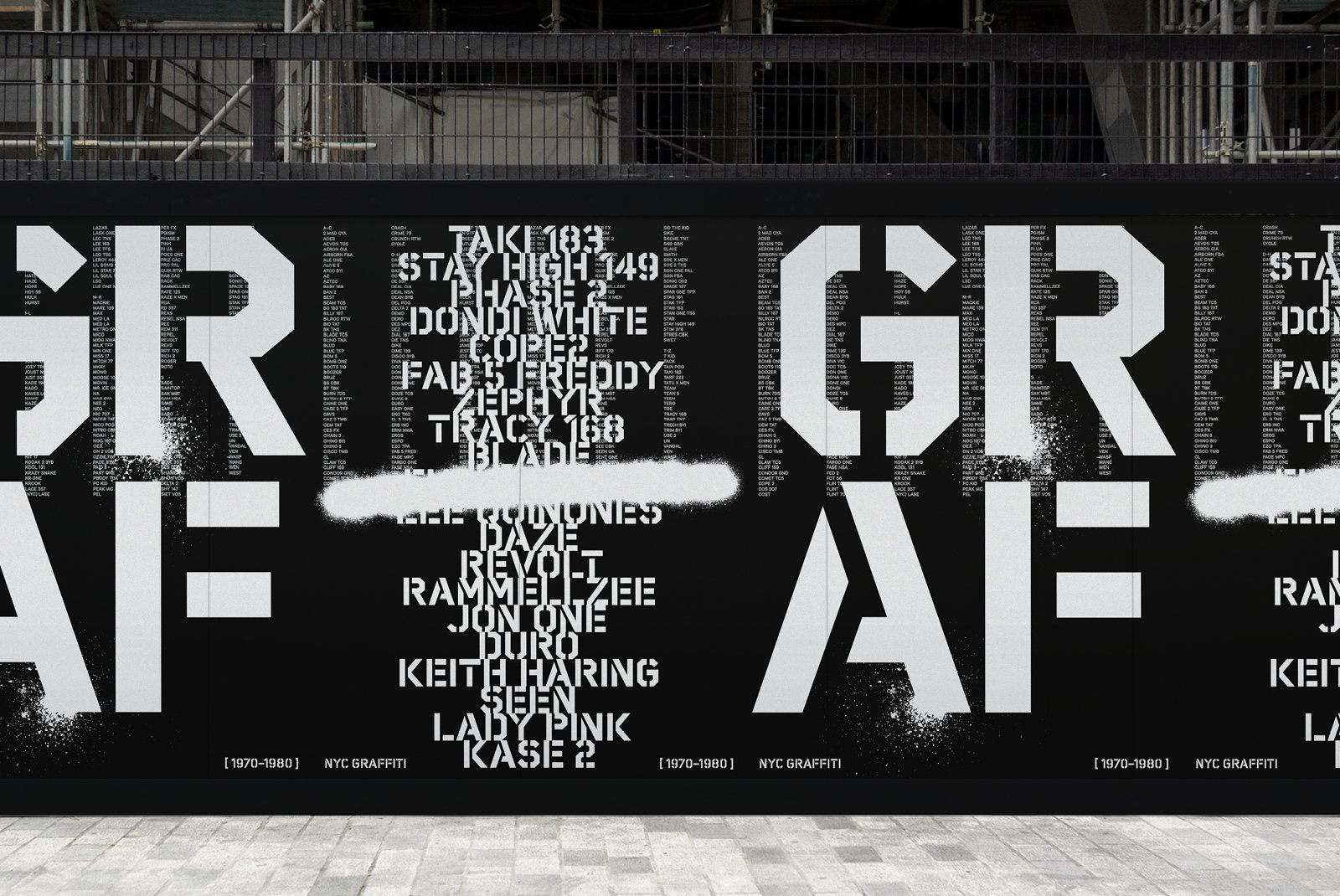 Black and white graffiti wall with bold typography featuring names, urban street art graphics, NYC, design inspiration, grunge style, digital assets.